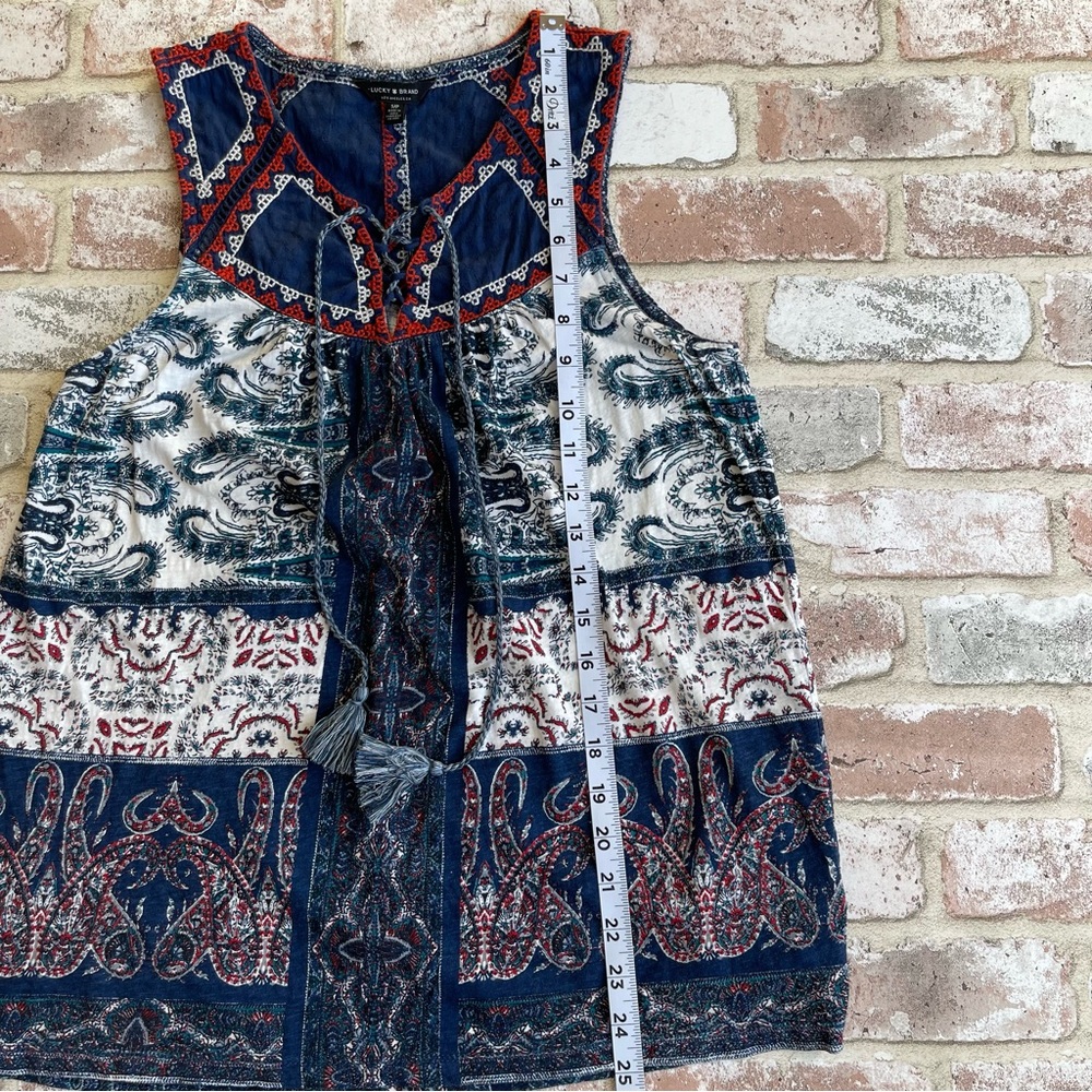 Lucky Brand Sleeveless Top | Size S/P  | Tie Tassels | Blue Pattern Boho - Picture 7 of 9